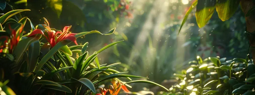 a vibrant close-up of a well-tended garden, highlighting signs of pest activity such as chewed leaves and droppings, illuminated by warm sunlight filtering through lush greenery.