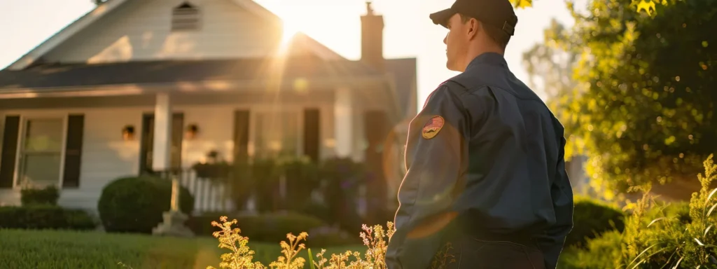 a close-up of a pristine home exterior, illuminated by warm afternoon light, showcases a professional pest control technician examining the foundation for early signs of infestation, emphasizing proactive home maintenance and expert intervention.