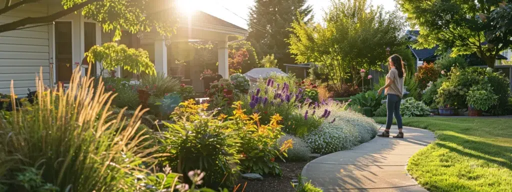 a vibrant garden scene showcasing a homeowner inspecting a flourishing landscape, symbolizing proactive pest control with lush greenery, colorful blossoms, and an inviting atmosphere under soft morning light.