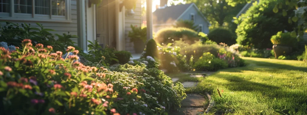 A sunlit Rhode Island backyard with meticulously trimmed greenery and vibrant flowers, featuring a homeowner using a targeted sprayer for proactive tick control.