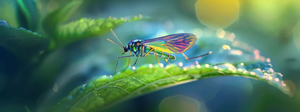 a striking close-up of a vibrant, iridescent mosquito perched on a green leaf, symbolizing the hidden dangers of disease transmission in outdoor settings, captured with a shallow depth of field to emphasize its intricate details against a softly blurred background.