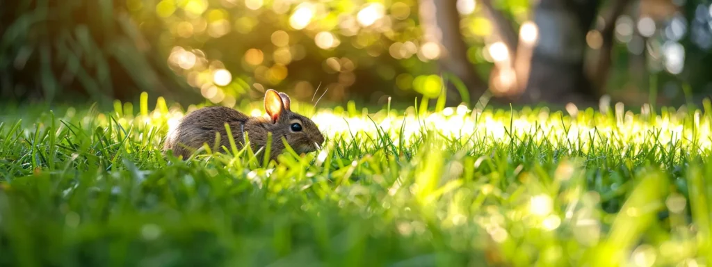 a vibrant, close-up view of a healthy green lawn being meticulously inspected for common pests, with sunlight filtering through the trees, highlighting the contrast between the lush grass and a menacing rodent peering from the underbrush.