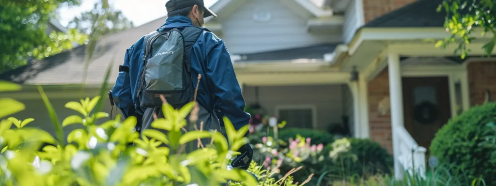 A confident licensed exterminator, equipped with professional tools, inspects a suburban home surrounded by lush greenery, illustrating the importance of expert pest control services in ensuring a safe environment for families and pets.