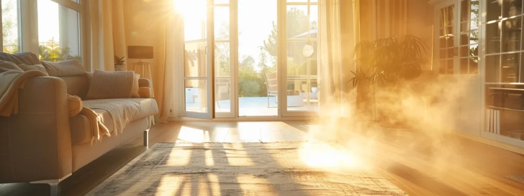 a spacious, well-lit living room showcases a professional exterminator in action, prepared with modern equipment, as sunlight streams through the windows, highlighting the serene environment before a pest control treatment begins.