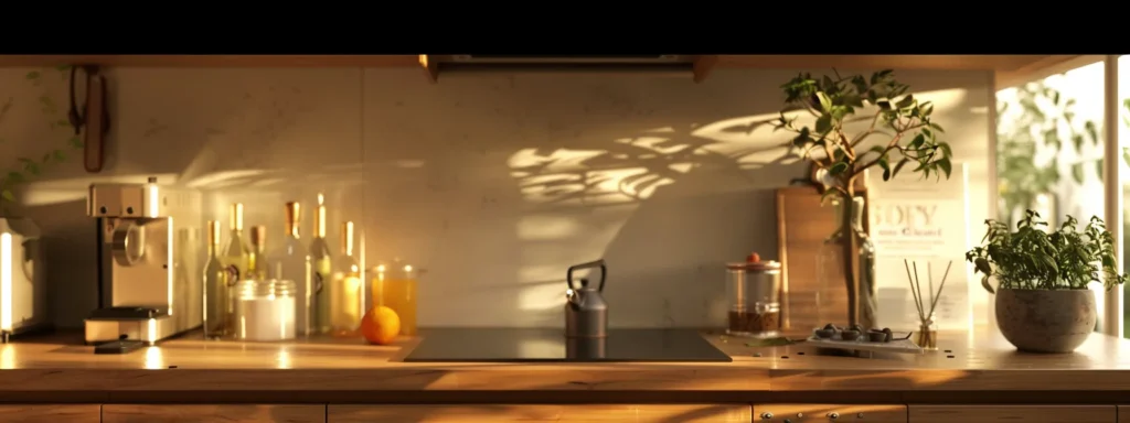 a modern kitchen warmly lit by afternoon sunlight, showcasing a sleek pest control service brochure prominently displayed next to a trap, emphasizing the importance of effective rodent management for homeowners.