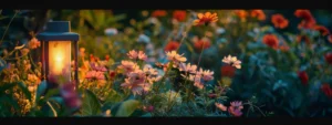 A sleek, modern mosquito trap surrounded by blooming flowers in a vibrant garden at dusk, illuminated by soft golden light, symbolizing effective pest control in harmony with nature.