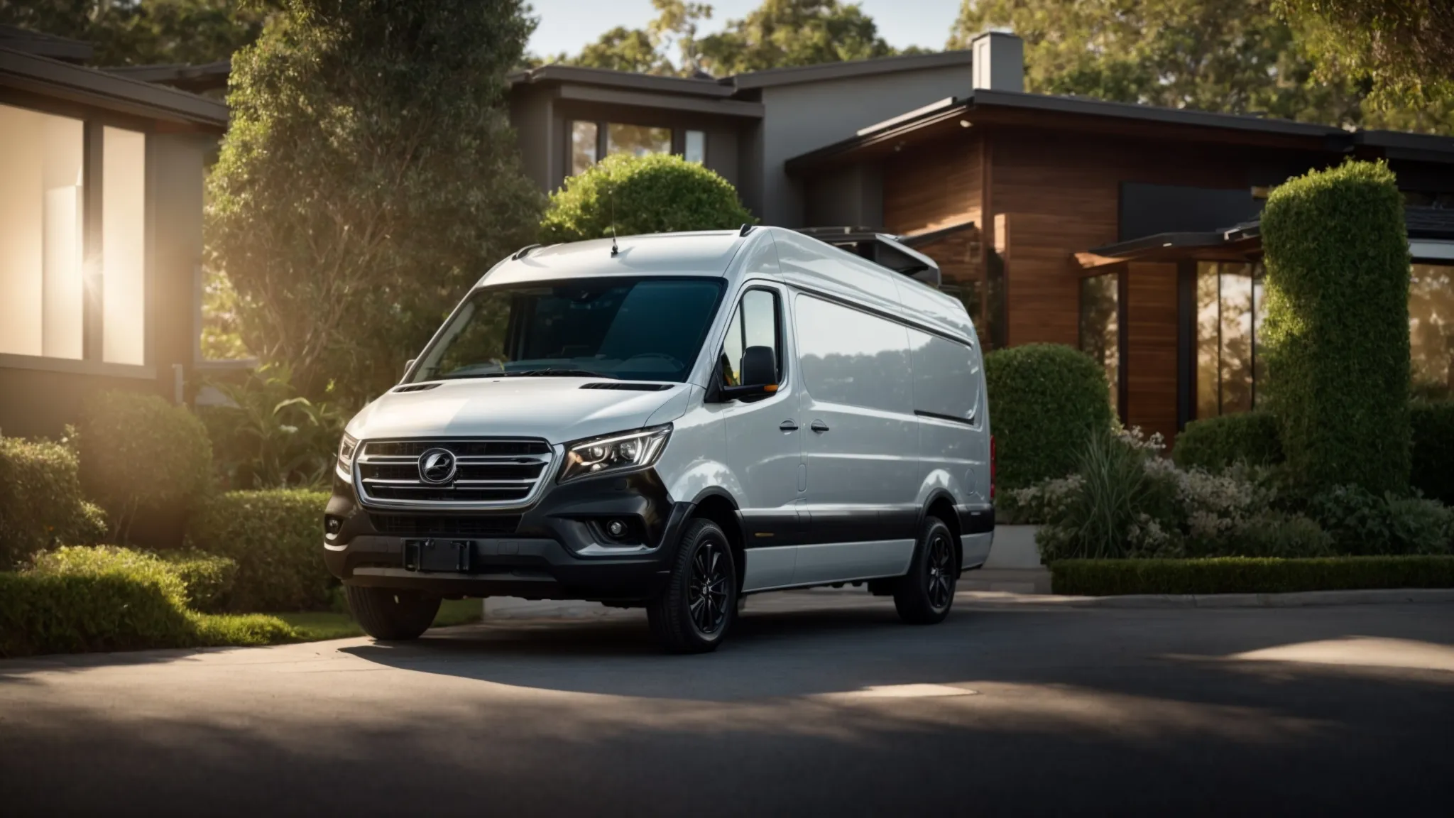 A sleek, modern pest control vehicle parked in a sunny suburban neighborhood, surrounded by lush greenery, symbolizing professionalism and reliability.