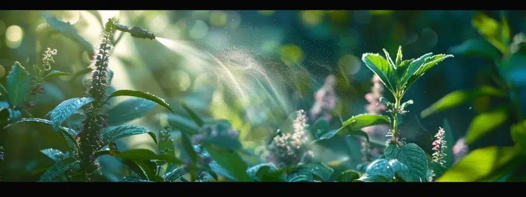 a vibrant garden setting with lush greenery and fragrant flowers, showcasing a safe and effective mosquito control spray being applied, illuminated by warm sunlight filtering through the leaves.