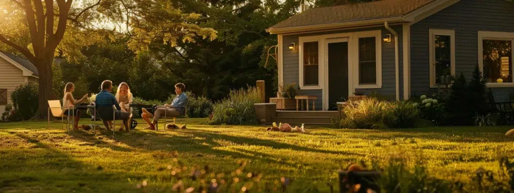 a serene rhode island backyard, bathed in golden evening light, showcases a family enjoying a mosquito-free outdoor gathering, reflecting the successful pest control solutions of pro mosquito solutions.