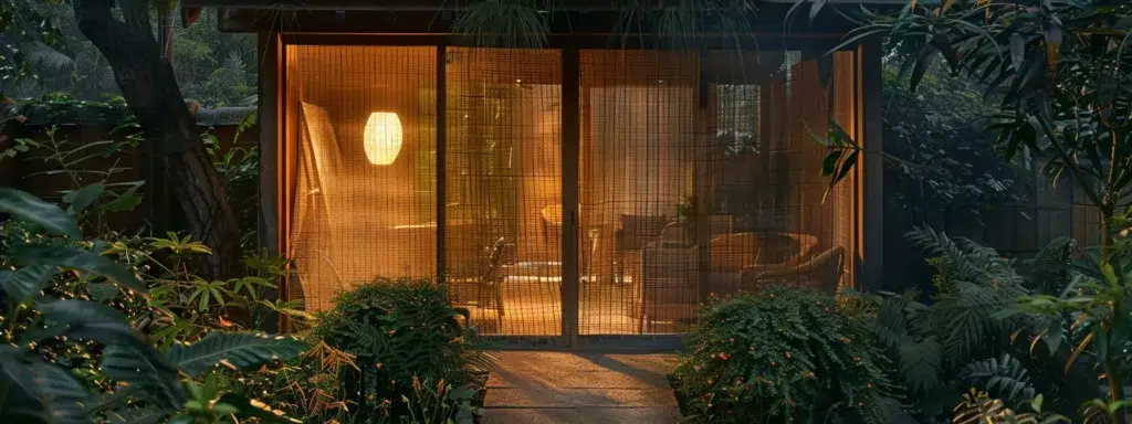 a serene outdoor space is enclosed by finely woven mosquito netting, featuring vibrant barrier shrubs and a rustic screen door, bathed in soft, golden evening light, evoking a peaceful retreat free from mosquito disturbances.