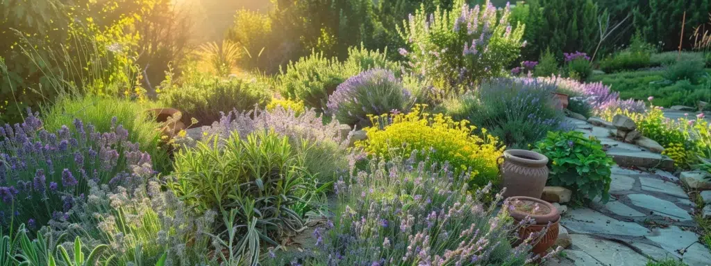 a vibrant garden brimming with lush lavender and rosemary, punctuated by scattered pots of peppermint, exudes a refreshing scent while a gentle breeze rustles through, creating a serene atmosphere for homeowners seeking natural ways to keep rats at bay.