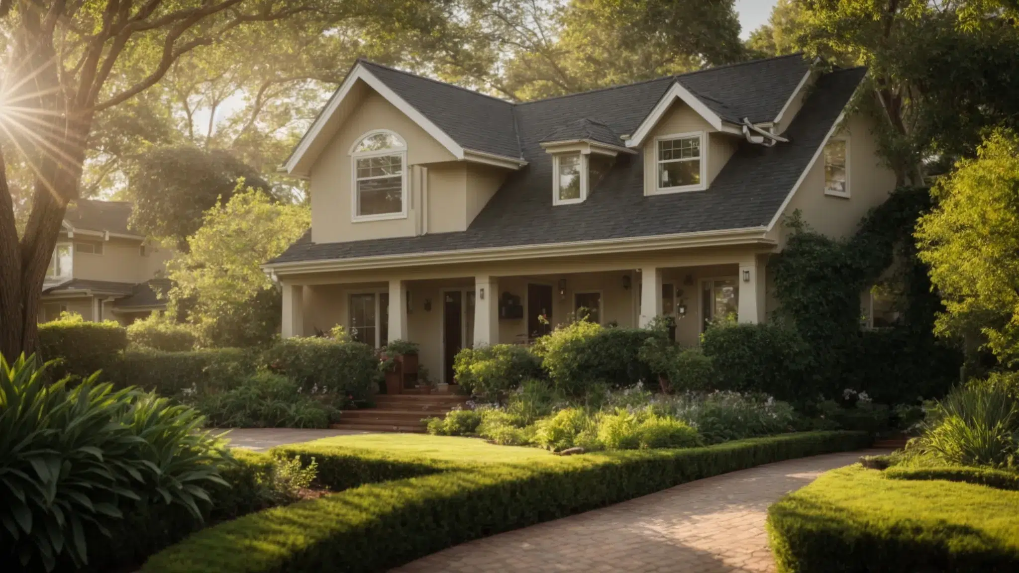 A serene suburban home surrounded by a lush garden, bathed in warm sunlight, with a team of pest control professionals carefully inspecting the landscape for potential threats.