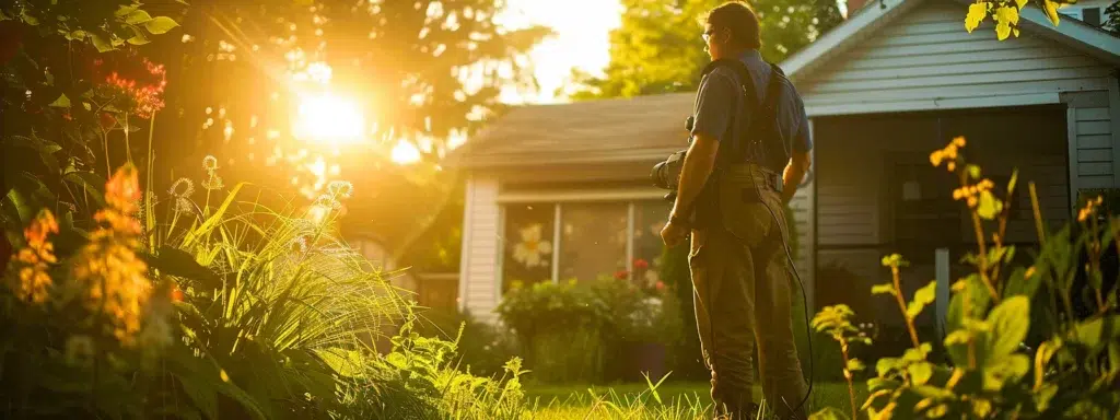 a confident pest control technician inspects a well-maintained suburban garden, surrounded by lush greenery and vibrant flowers, under warm golden sunlight that highlights the proactive approach to local pest management.