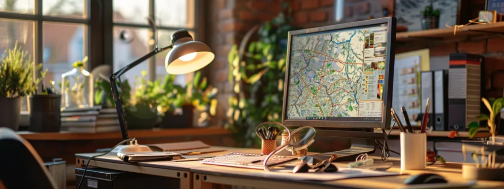 a well-organized workspace showcases a computer screen displaying a map with various pest control service options, surrounded by pest control brochures and a magnifying glass, all illuminated by warm, natural light filtering through a nearby window.