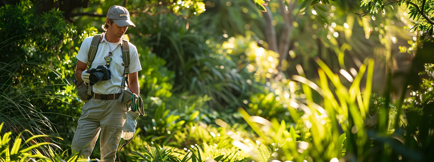 A skilled pest control technician, equipped with high-performance tools, carefully surveys a lush green garden under bright midday sunlight, highlighting the balance between nature and effective pest management.