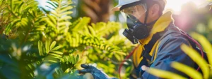 A close-up of a pest control technician in a vibrant green garden, confidently inspecting traps and spray equipment under bright sunlight, surrounded by flourishing plants and a clear blue sky.