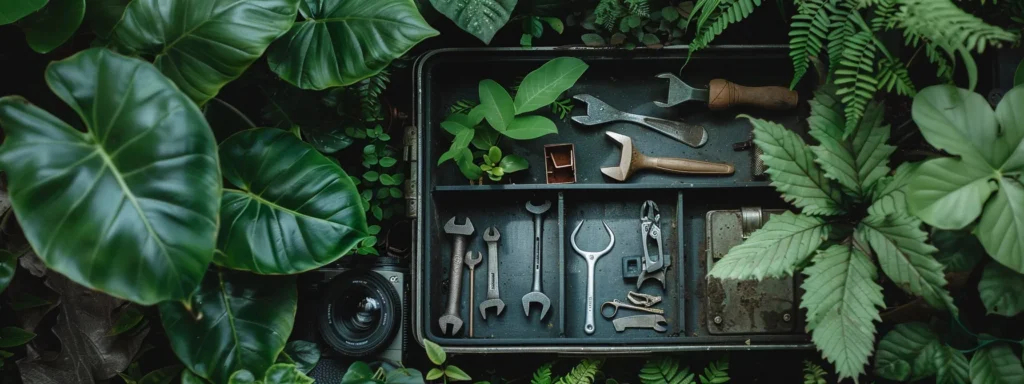 a dramatic close-up of a well-organized pest control toolkit surrounded by lush greenery, illustrating effective management strategies for common infestations under soft, diffused morning light.