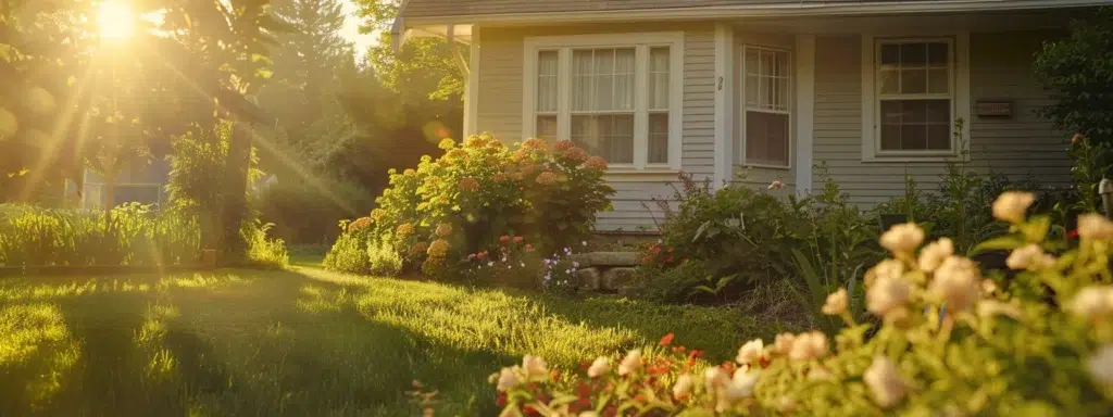 A clean and inviting home exterior, bathed in warm afternoon sunlight, surrounded by a vibrant garden, symbolizing a peaceful and pest-free environment.