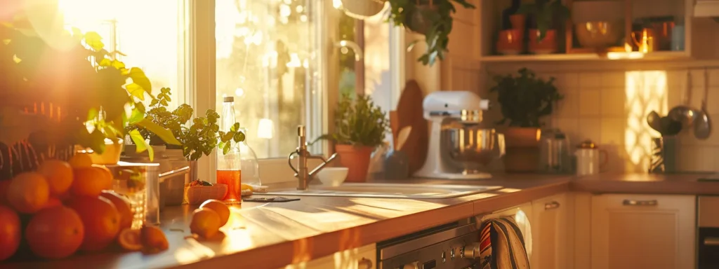 a focused view of a cozy kitchen, illuminated by warm sunlight, featuring a gleaming, pest-free countertop with a satisfied homeowner admiring a glowing five-star review on a digital device, symbolizing exceptional pest control service.