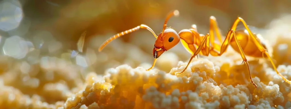 A detailed close-up of a Pharaoh ant crawling on a contaminated food surface, illuminated by soft natural light, emphasizing the urgency of effective ant control solutions.