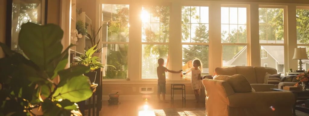 A serene and well-organized living room, bathed in soft, natural light from large windows, featuring a family tidying up in preparation for a professional pest control visit.