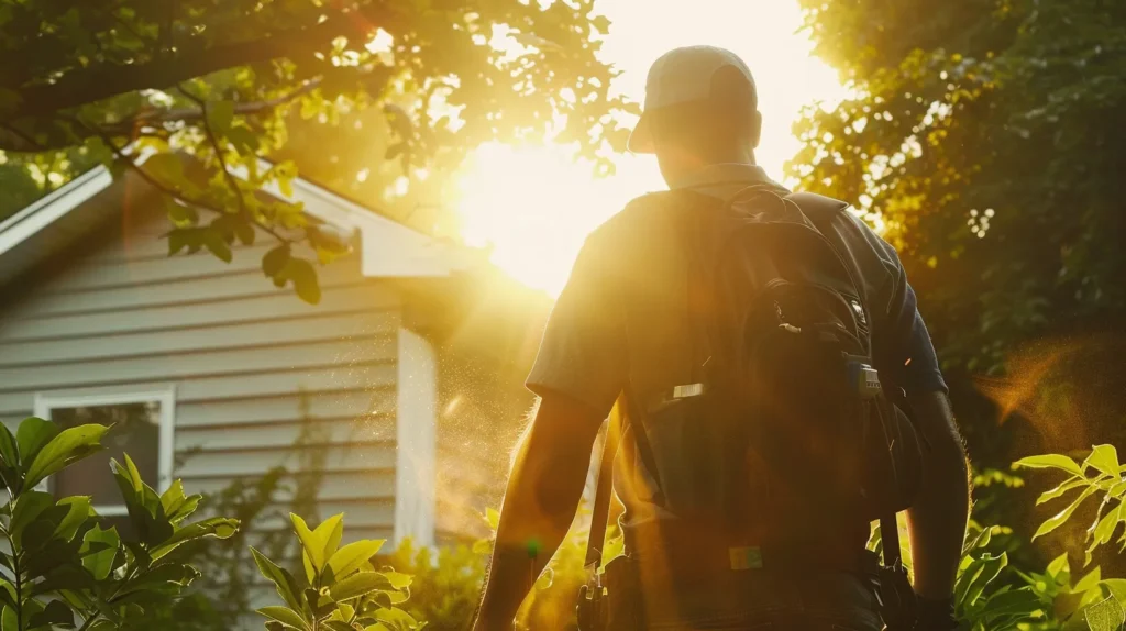 A professional exterminator confidently inspects a well-maintained home, surrounded by lush greenery and warm sunlight filtering through the trees, symbolizing effective and safe pest control.