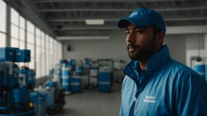 A professional pest exterminator in a crisp blue uniform stands confidently in a brightly lit room, surrounded by various pest control equipment, showcasing expertise and assurance in maintaining a pest-free home.