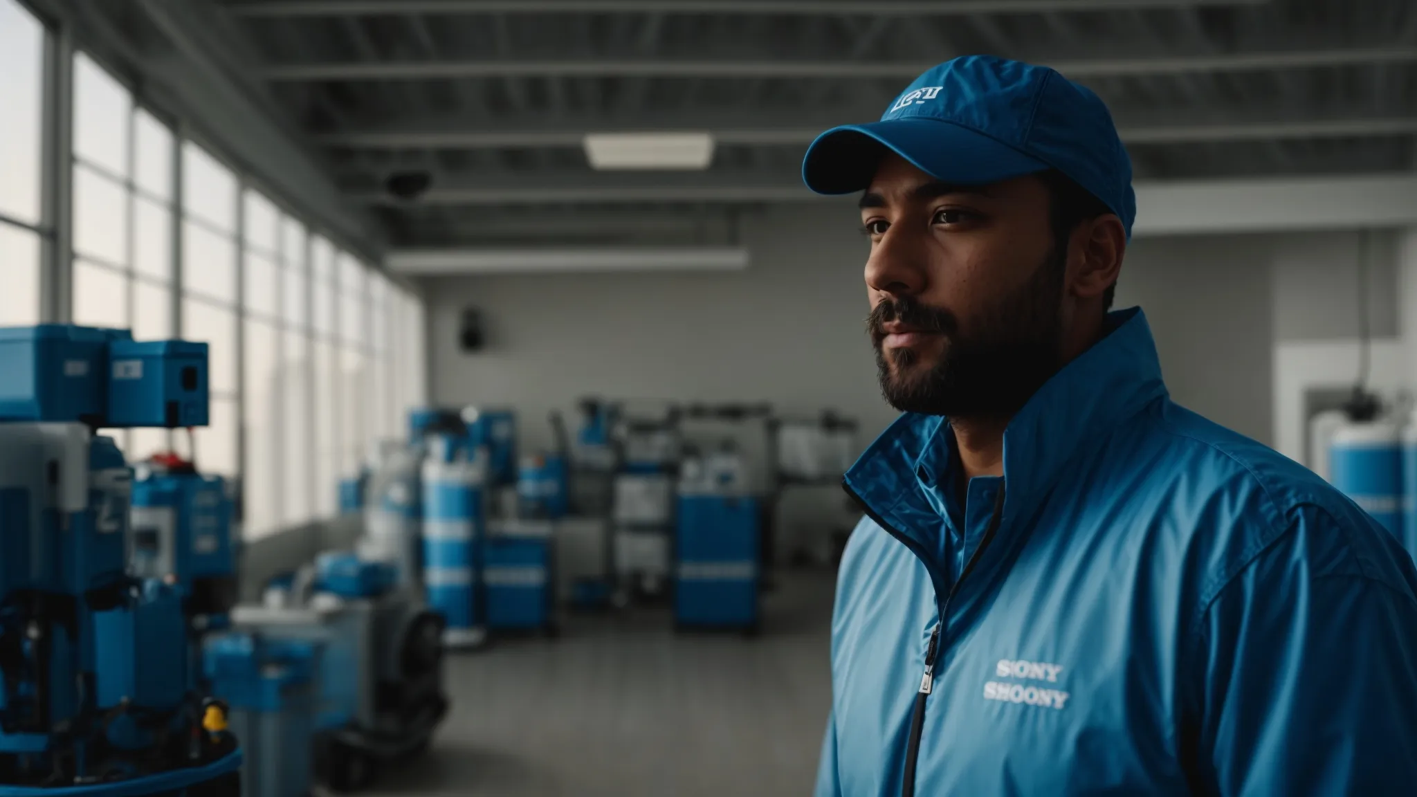 A professional pest exterminator in a crisp blue uniform stands confidently in a brightly lit room, surrounded by various pest control equipment, showcasing expertise and assurance in maintaining a pest-free home.