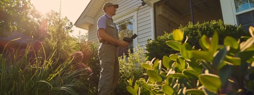 A professional pest control technician carefully inspects a charming, sunlit home surrounded by lush greenery, equipped with monitoring tools and seasonal treatment solutions for a customized pest management approach.