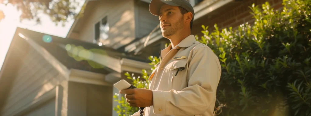 a professional pest control technician, dressed in clean, branded uniform, inspects a residential property for pests under warm, natural light, emphasizing the importance of expertise and regulatory compliance in pest management.