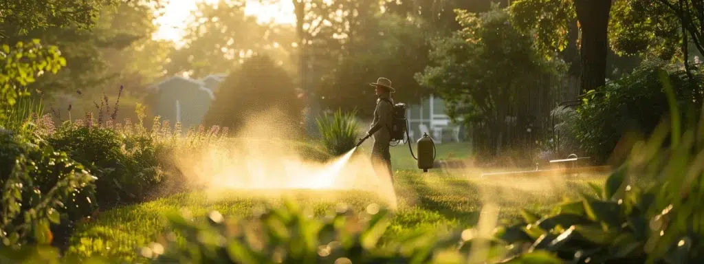 A vibrant garden in Rhode Island with a professional spraying service in action, enveloped in a fine mist of insecticide under soft morning light, highlighting the importance of maintaining a tick-free environment.