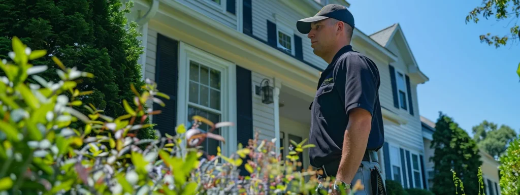 a professional exterminator confidently inspects a well-maintained home exterior in providence, rhode island, with a backdrop of lush greenery and clear blue skies, symbolizing effective pest management and customer satisfaction.