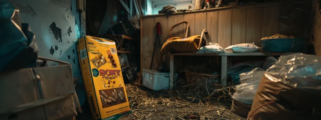 a dimly lit, cluttered basement reveals a close-up view of gnaw marks on food packages, scattered rat droppings, and a tattered nest hidden in the shadows, encapsulating the unsettling presence of a rat infestation.