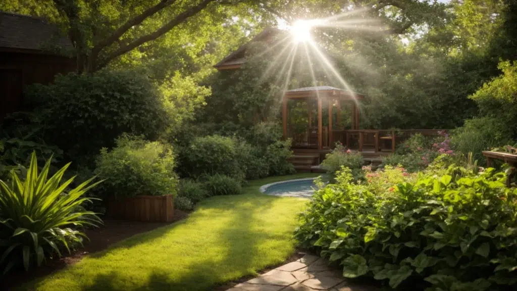 a vibrant, sunlit backyard in rhode island, showcasing a tranquil outdoor space adorned with lush greenery, where a fine mist of mosquito spray envelops the area against a clear blue sky, symbolizing the importance of effective pest management for a healthy and enjoyable environment.