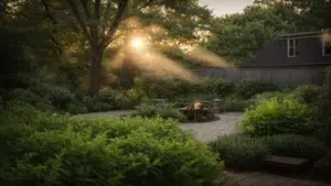 a serene backyard in rhode island, showcasing vibrant greenery and a peaceful atmosphere, highlighted by a misty sunset that emphasizes effective mosquito control solutions in a natural, inviting setting.