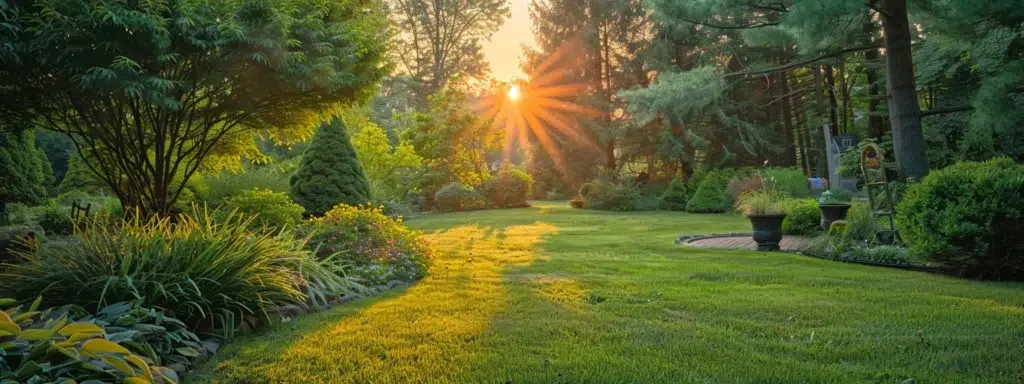 a serene backyard in rhode island showcases a well-maintained outdoor space, vibrant with lush greenery and a glowing sunset, symbolizing the effective mosquito control that enhances the beauty and safety of residential areas.