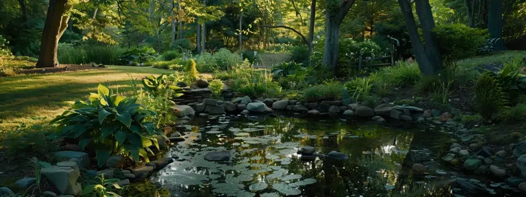 a serene backyard scene in rhode island, featuring lush greenery and a tranquil pond, bathed in soft evening light, symbolizing a harmonious balance between nature and effective mosquito management solutions.