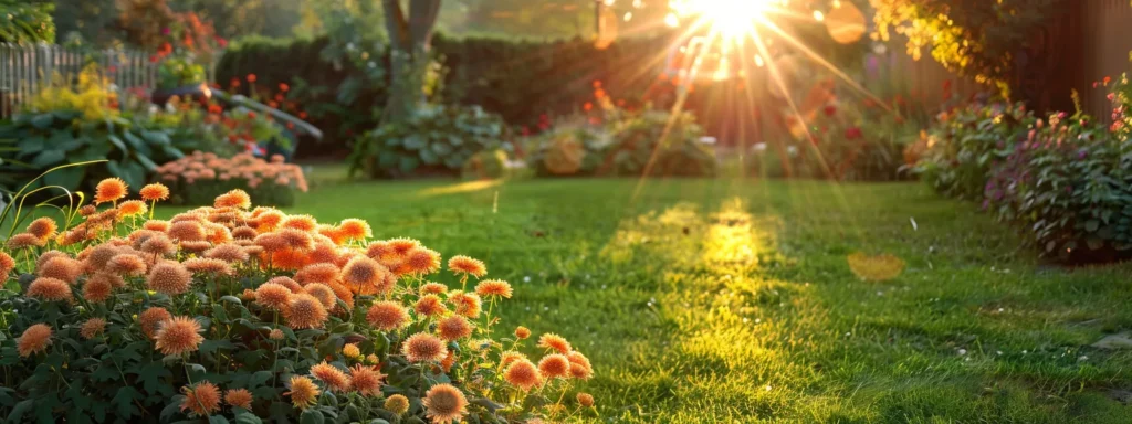 A vibrant, sunlit backyard in Rhode Island featuring flourishing chrysanthemum flowers surrounded by a lush green lawn, symbolizing an effective and natural approach to tick control.