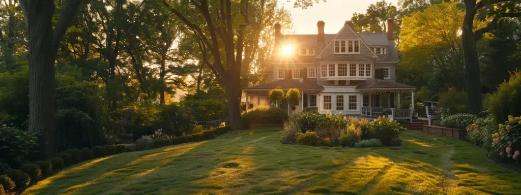 A vibrant Rhode Island landscape featuring a lush backyard, meticulously treated for ticks, illuminated by soft golden sunlight filtering through the trees, symbolizing the blend of nature and effective pest control methods.