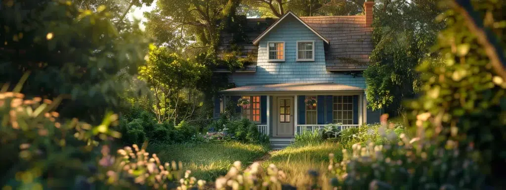 a vibrant and detailed depiction of a well-maintained rhode island home surrounded by lush greenery, showcasing eco-friendly pest control methods in action against common pests like silverfish and highlighting the iconic big blue bug as a central element.