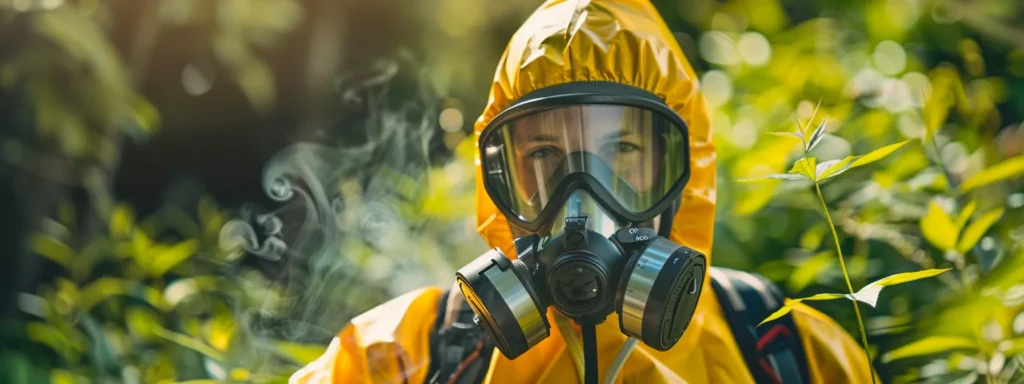 a dramatic close-up of a skilled exterminator in protective gear applying targeted treatment against a backdrop of a lush rhode island landscape, highlighting the battle against invasive mosquitoes and rodents.