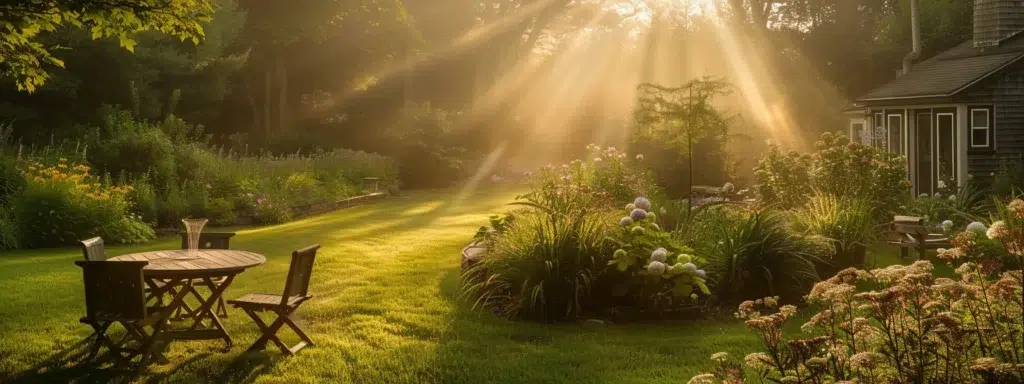 a serene outdoor setting in rhode island, bathed in warm golden sunlight, showcases a vibrant garden surrounded by a protective, shimmering mist of mosquito barrier spray, evoking a sense of tranquility and pest-free enjoyment.