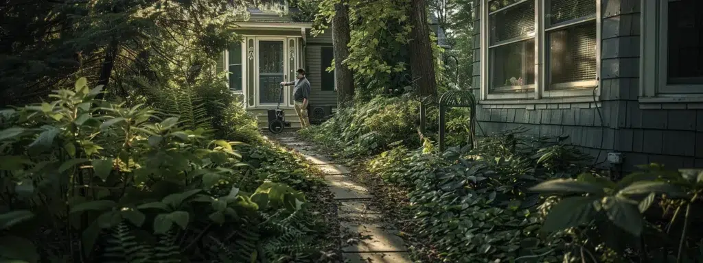 a visually captivating scene depicts a rhode island home surrounded by lush greenery, showcasing a pest control technician applying tailored treatments while emphasizing the serenity of a pest-free environment.