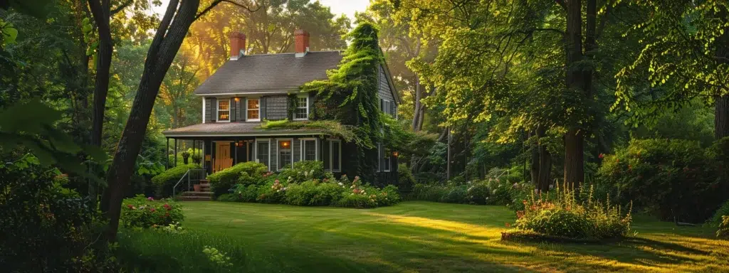 a serene rhode island home surrounded by vibrant greenery, showcasing a subtle invasion of common pests like squirrels and mosquitoes, captured in warm afternoon light to highlight the seasonal challenges of pest control.