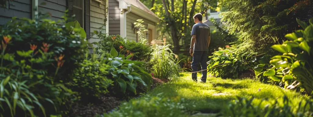 a discerning homeowner stands thoughtfully in a vibrant backyard, surrounded by lush greenery while observing a professional pest control technician efficiently inspecting for pests, highlighting the importance of choosing an expert service in rhode island.