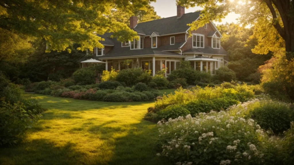 a serene rhode island landscape bathed in golden sunlight showcases lush gardens and vibrant trees, effectively highlighting the importance of mosquito control in preserving community health and ecological beauty.