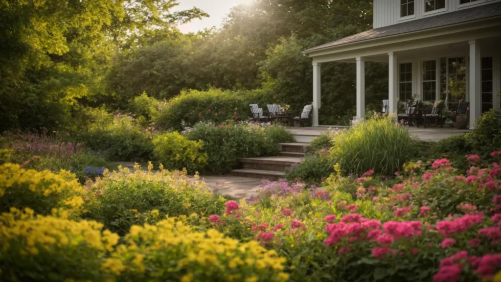 A serene Rhode Island landscape featuring a sunlit backyard with lush greenery and vibrant flowers, symbolizing the peaceful harmony achieved through effective mosquito control solutions.