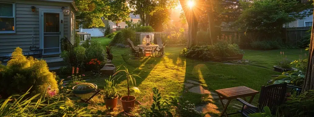 a serene backyard in rhode island, bathed in warm golden sunlight, showcases residents enjoying a peaceful evening outdoors, free from mosquitoes, surrounded by lush greenery and blooming flowers, illustrating the success of effective mosquito control services.