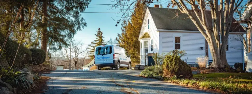 A local pest control van parked outside a quaint Rhode Island home, surrounded by a vibrant landscape and a clear blue sky, symbolizing professional and dependable pest management.