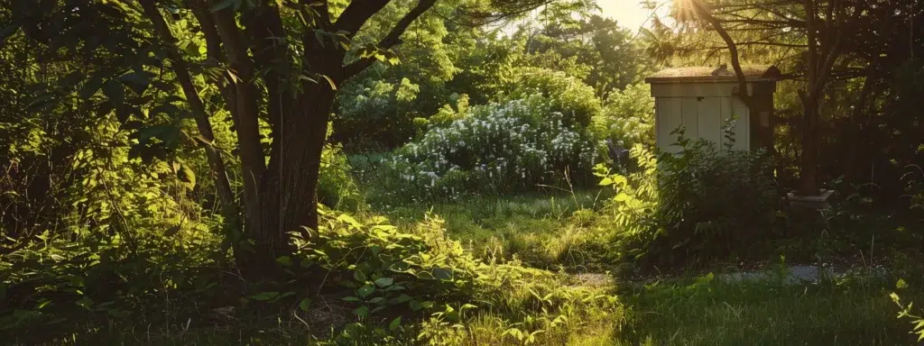 A sunlit Rhode Island landscape featuring a thoughtfully designed rodent control station, surrounded by lush greenery, symbolizing the responsible and safe use of rodenticides in the community.